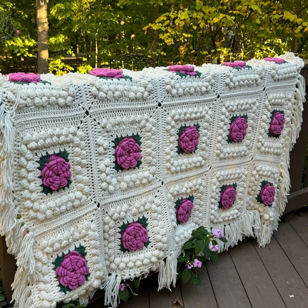 Cream and Rose Popcorn Granny Handmade Crocheted Afghan